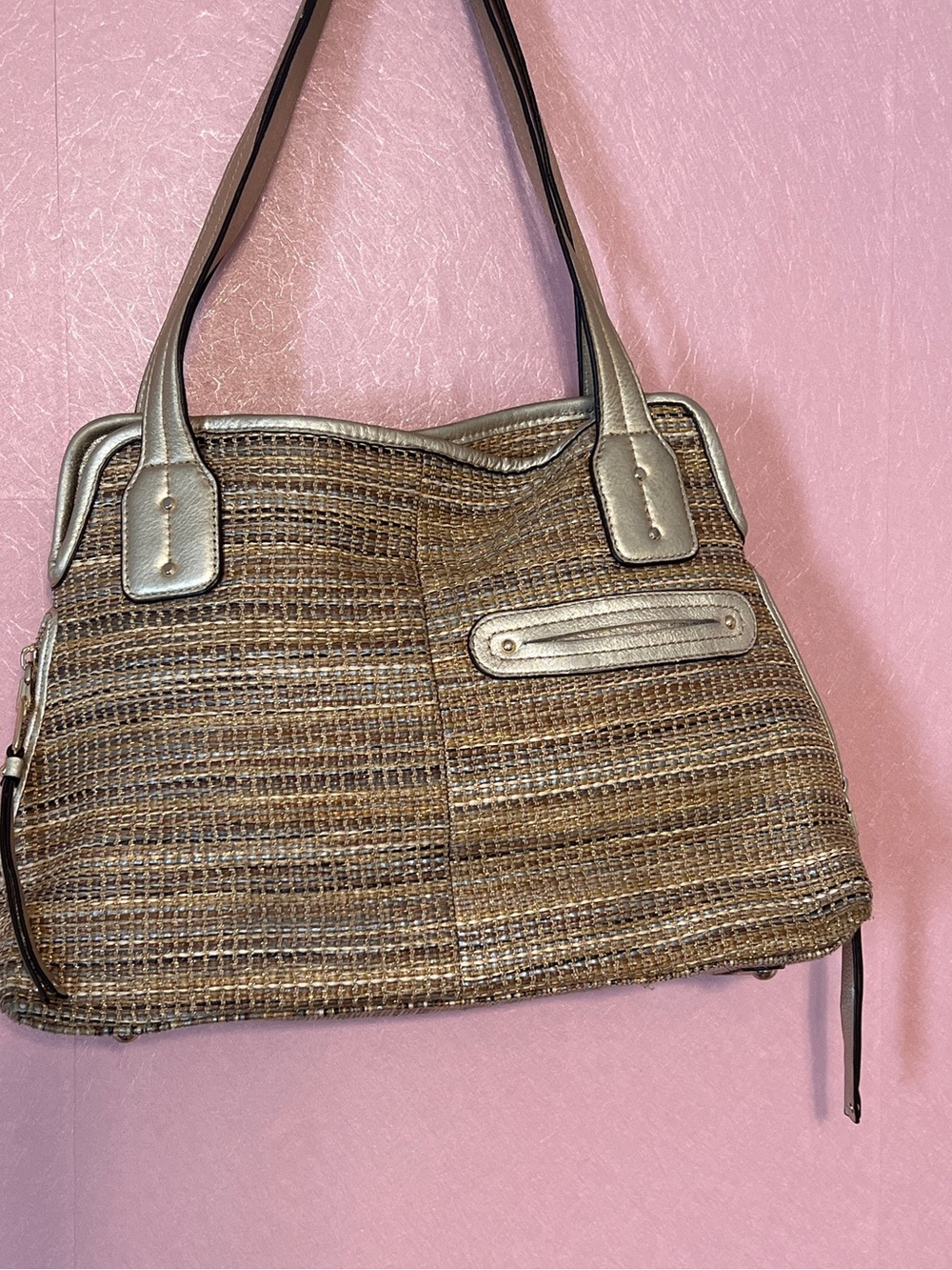 B Makowsky Vintage Woven Tote Bag with Gold Leather Trim - Picture 2 of 8
